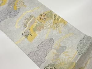 扇・草花に雲取り模様織出し袋帯